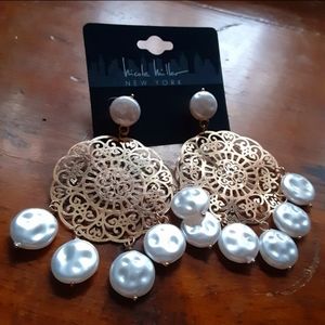 Nicole Miller Gold Filagree Pearl Drop Earrings